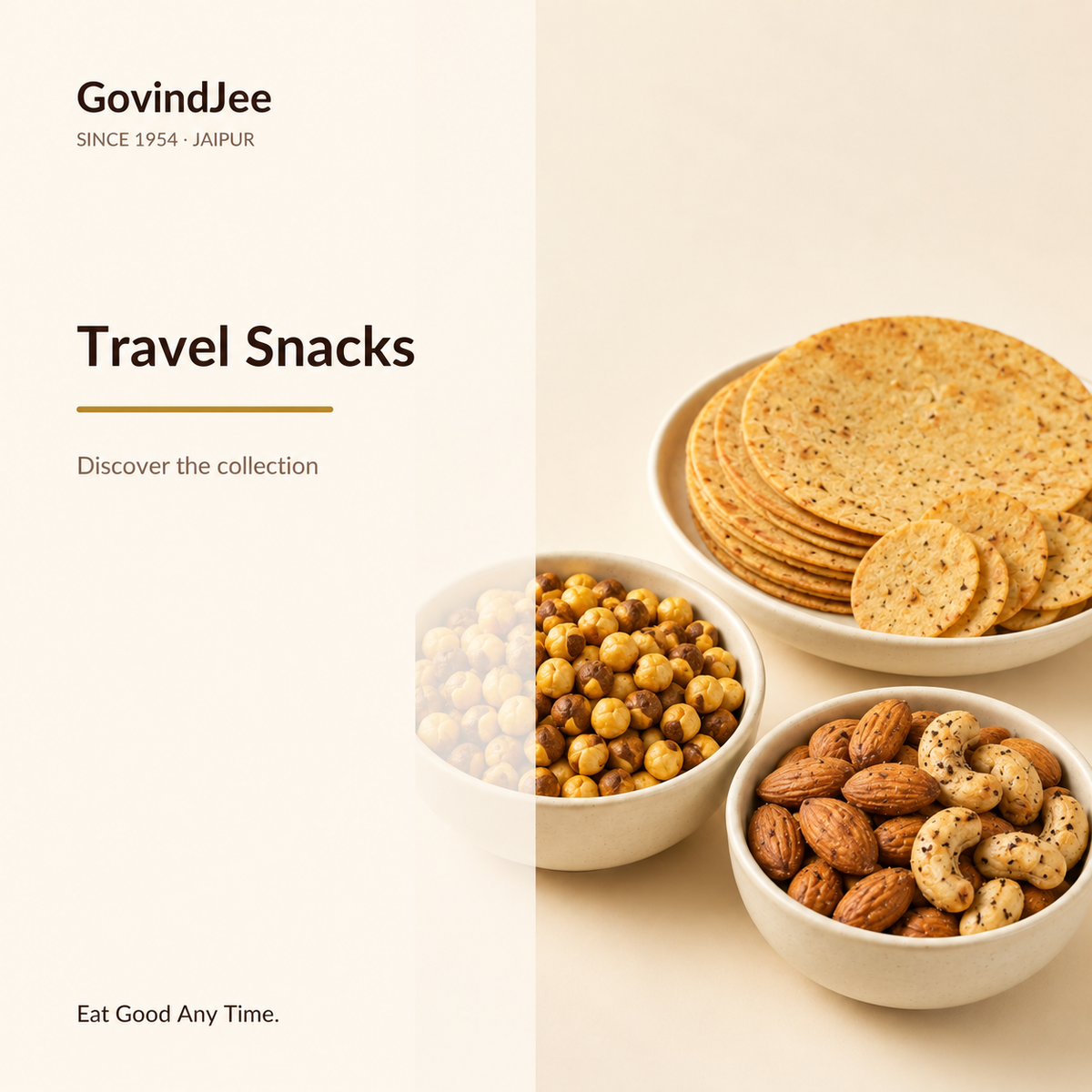 GovindJee Travel Snacks collection with khakhra, roasted chana, almonds and cashews