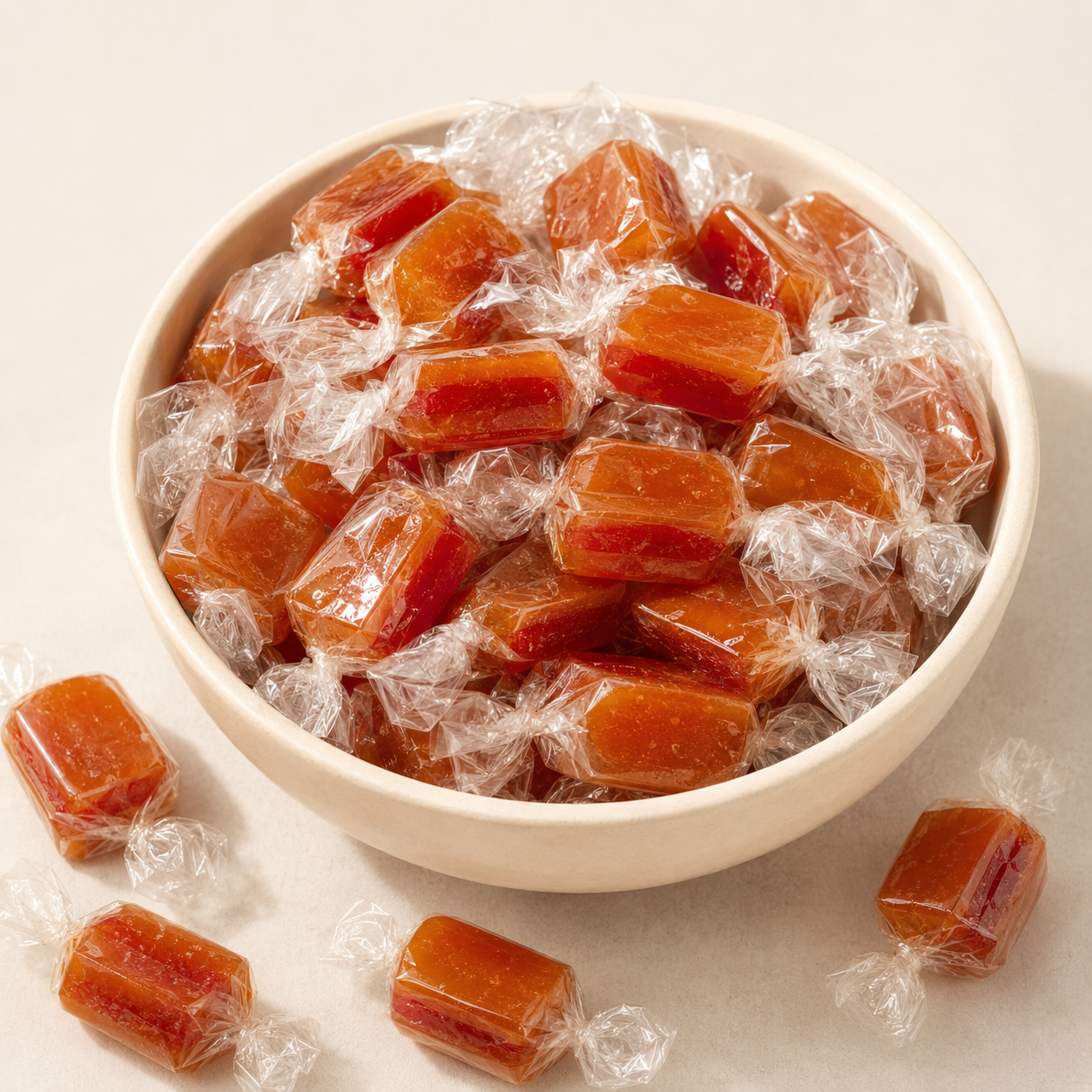 Individually wrapped sweet and tangy Aam Papad Toffee in a bowl