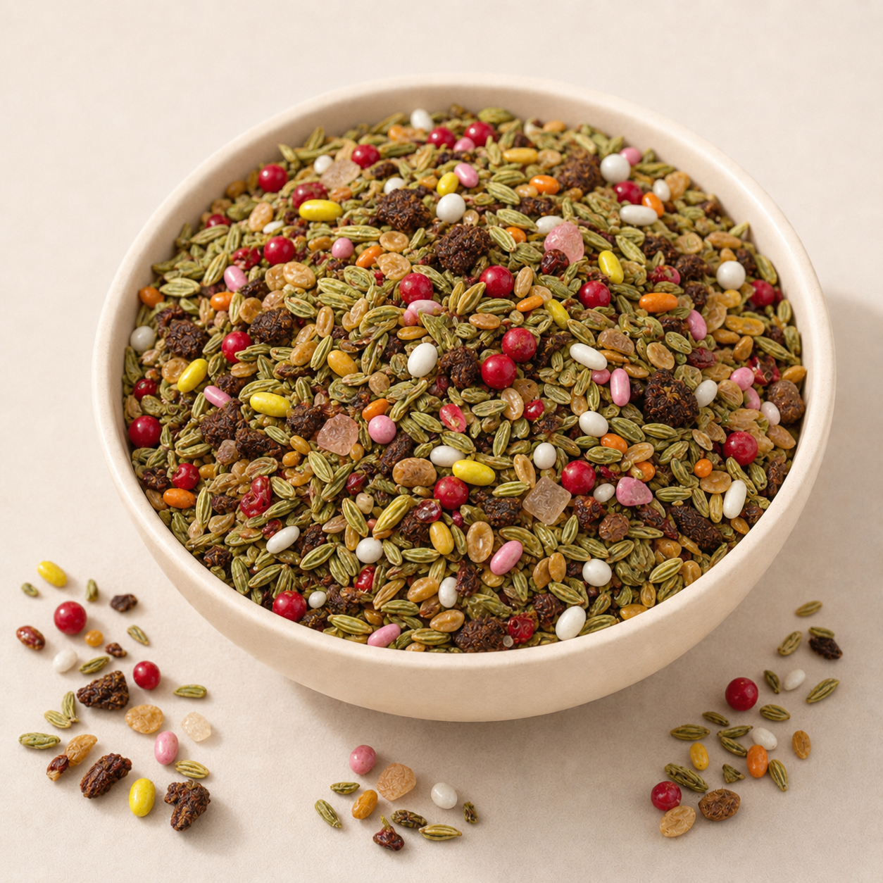 Colourful Bambaiya Mix Mukhwas with fennel seeds in a ceramic bowl