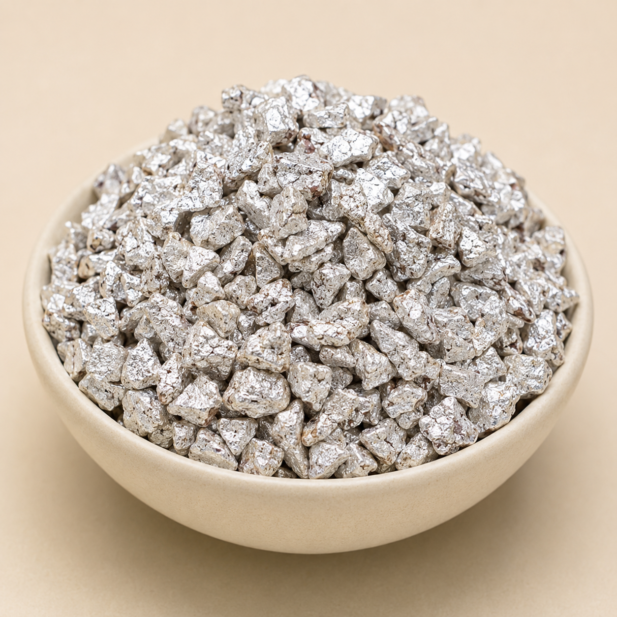 GovindJee Khus Supari Silver pieces with edible silver coating in a ceramic bowl