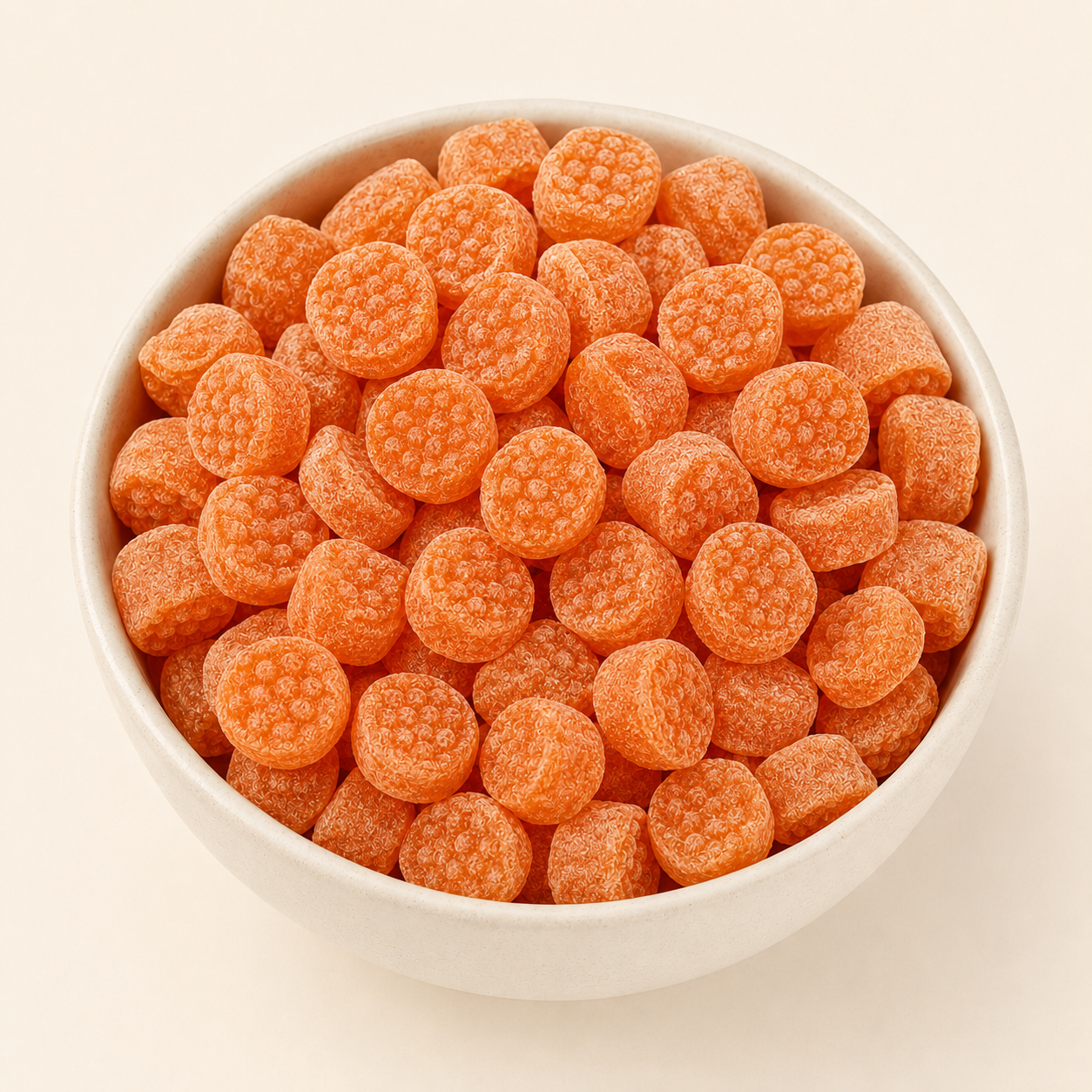 GovindJee sweet and tangy orange-flavoured candies in a ceramic bowl