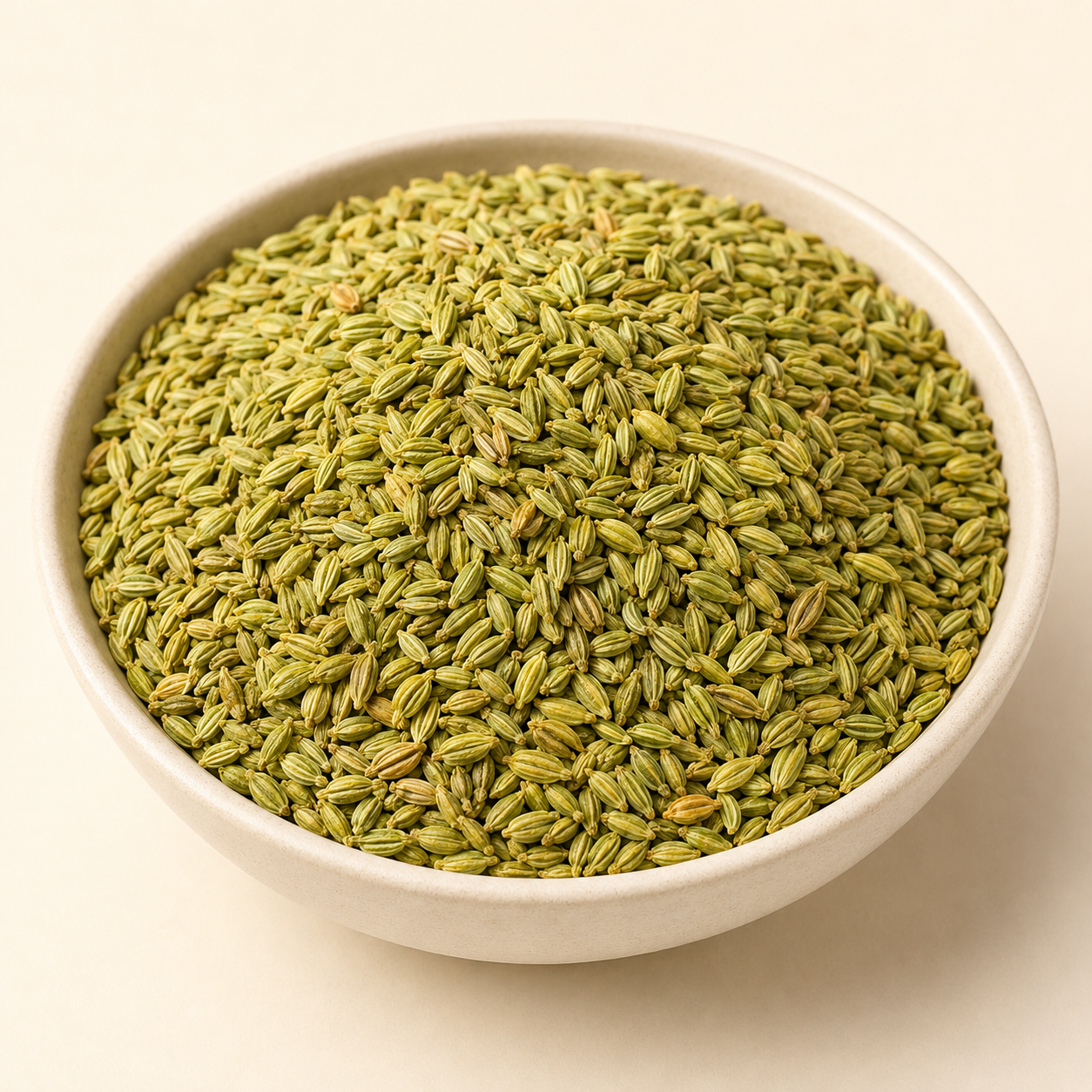 GovindJee roasted green fennel seeds in an ivory ceramic bowl