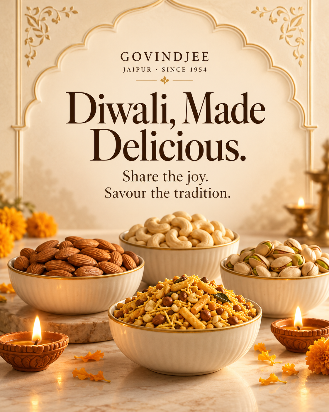 GovindJee Diwali, Made Delicious — festive dry fruits and namkeen with diyas, mobile banner