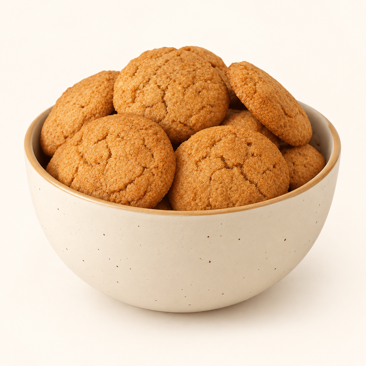 Almond Cookies in an ivory bowl on an off-white background