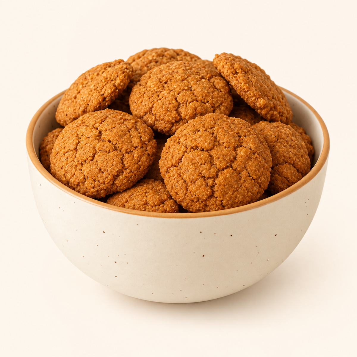 Almond Oats Cookies in an ivory bowl on an off-white background