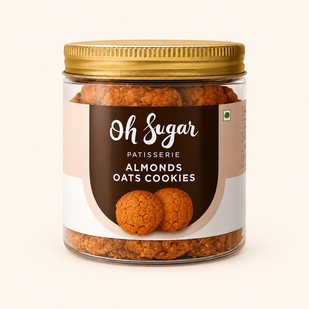 Almond Oats Cookies original packaging on an off-white background