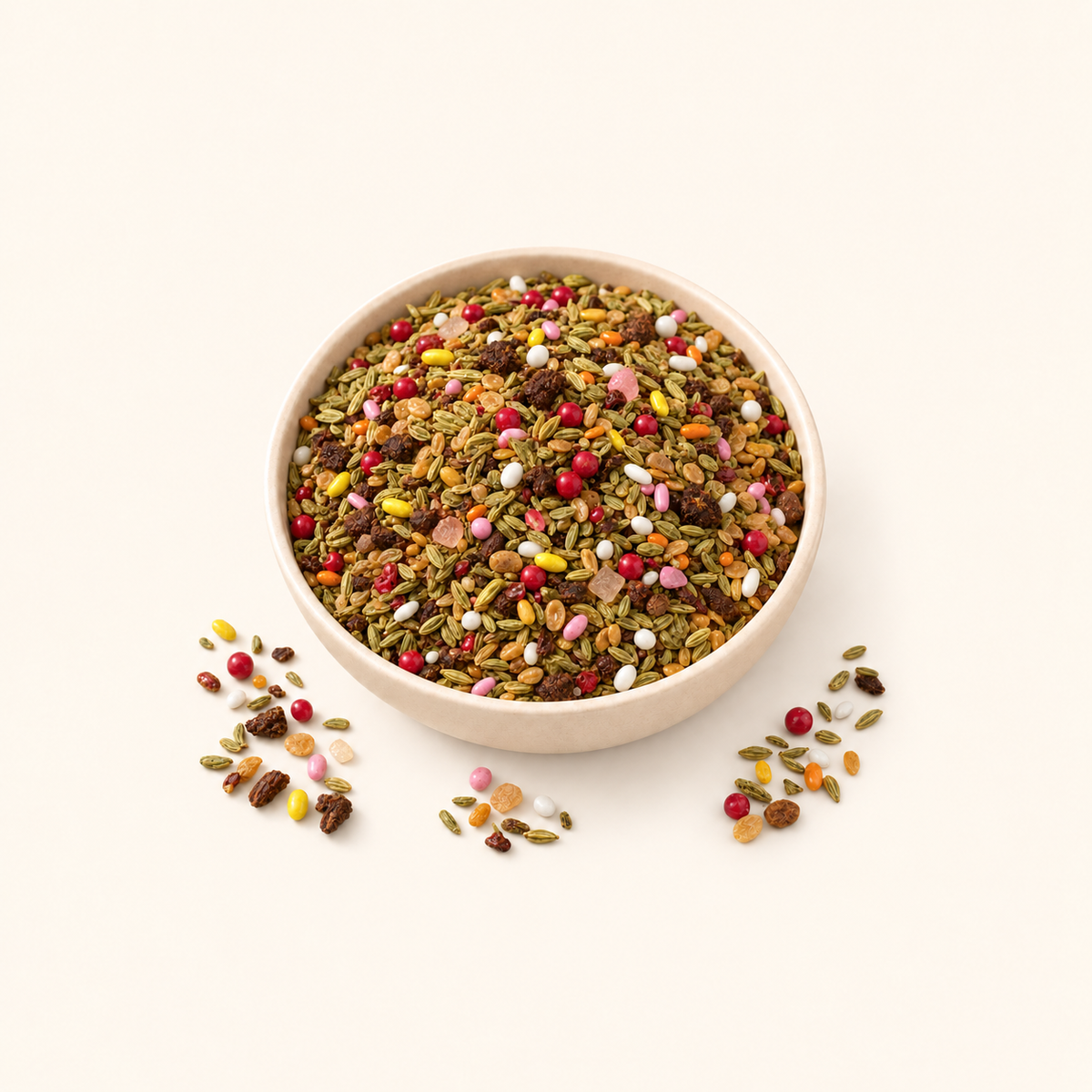 Bambaiya Mix in a bowl with loose pieces on an off-white background
