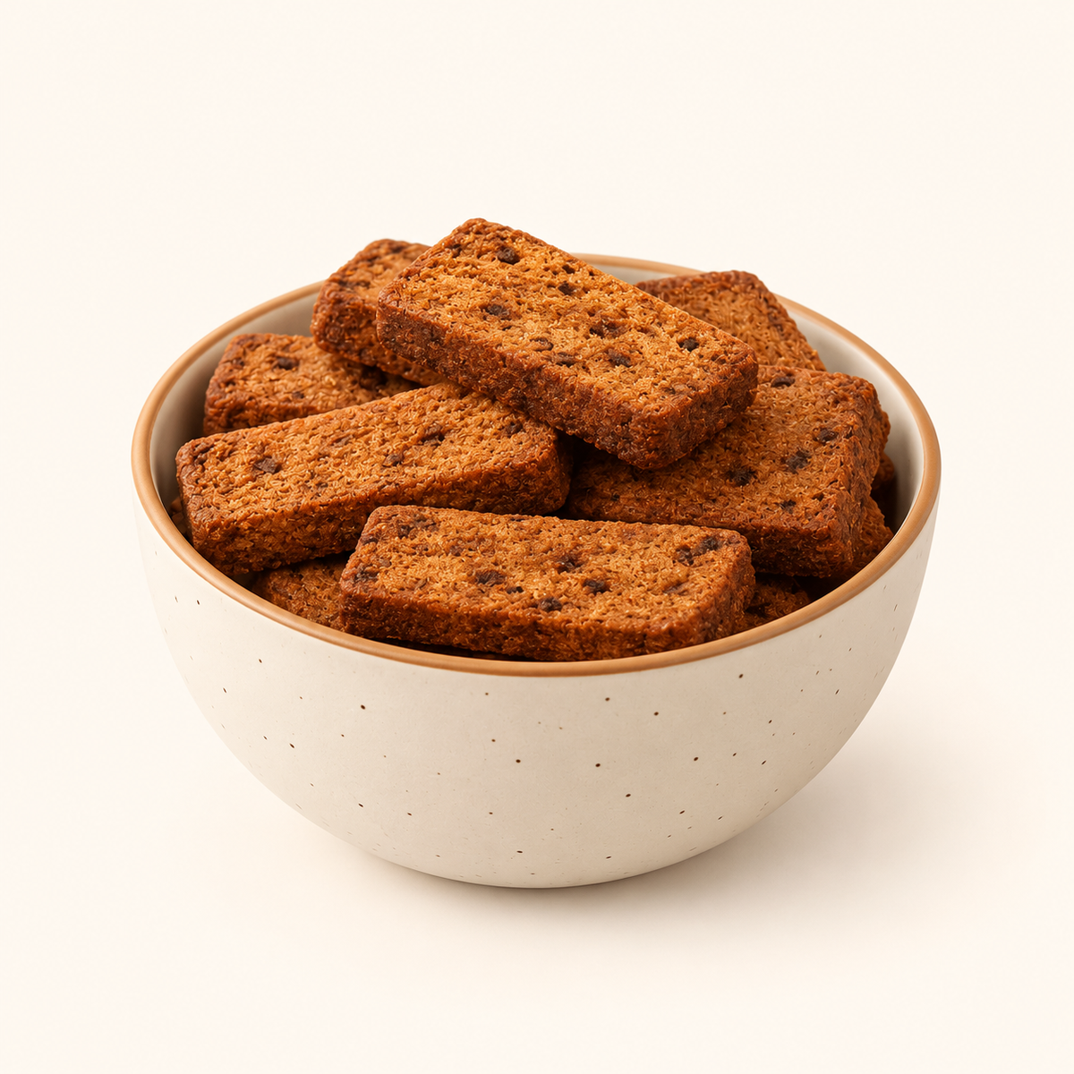 Breakfast Biscotti in an ivory bowl on an off-white background