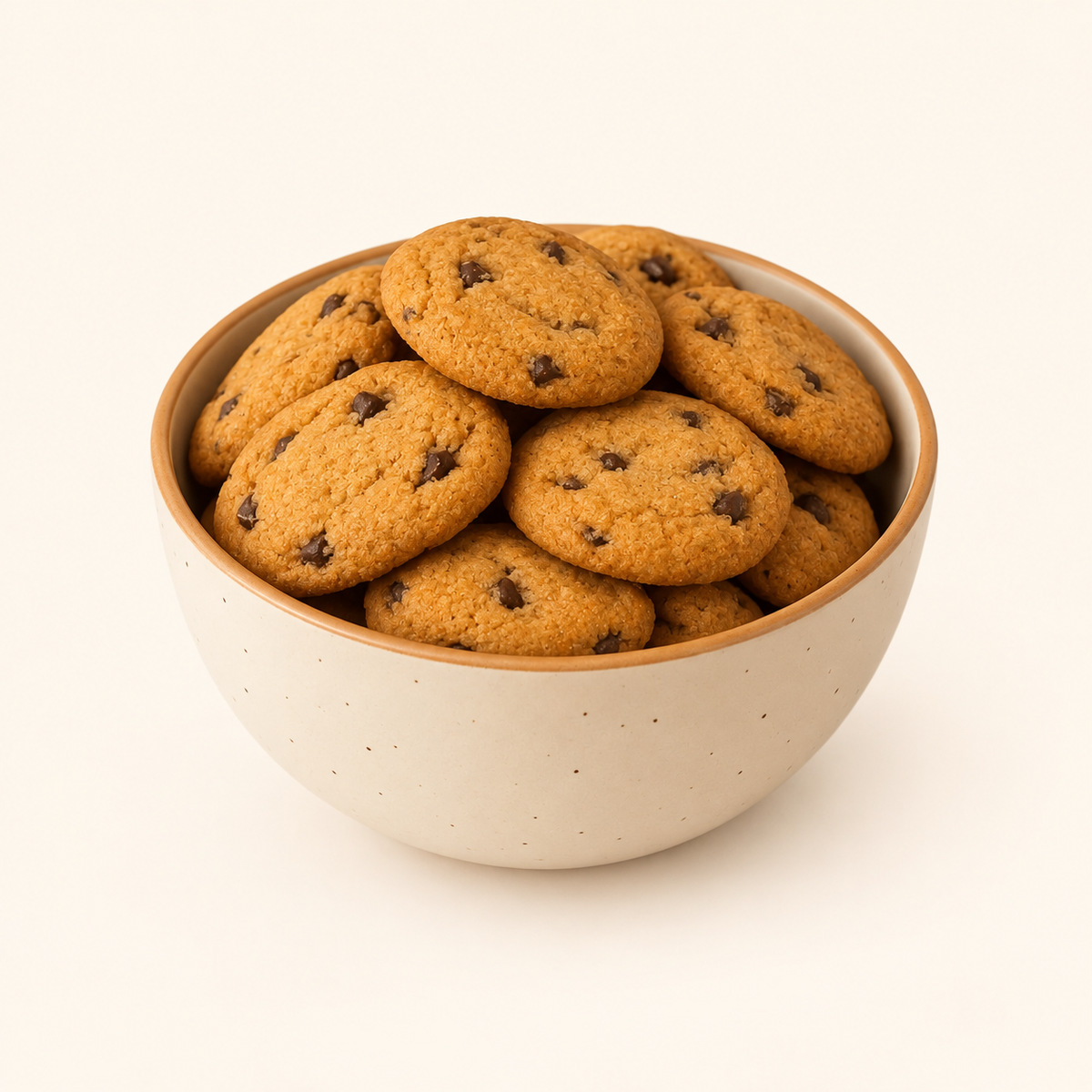 Chocolate Chip Cookies in an ivory bowl on an off-white background