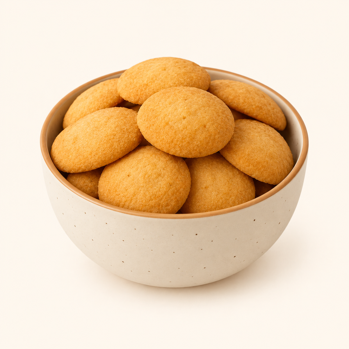 Coconut Cookies in an ivory bowl on an off-white background