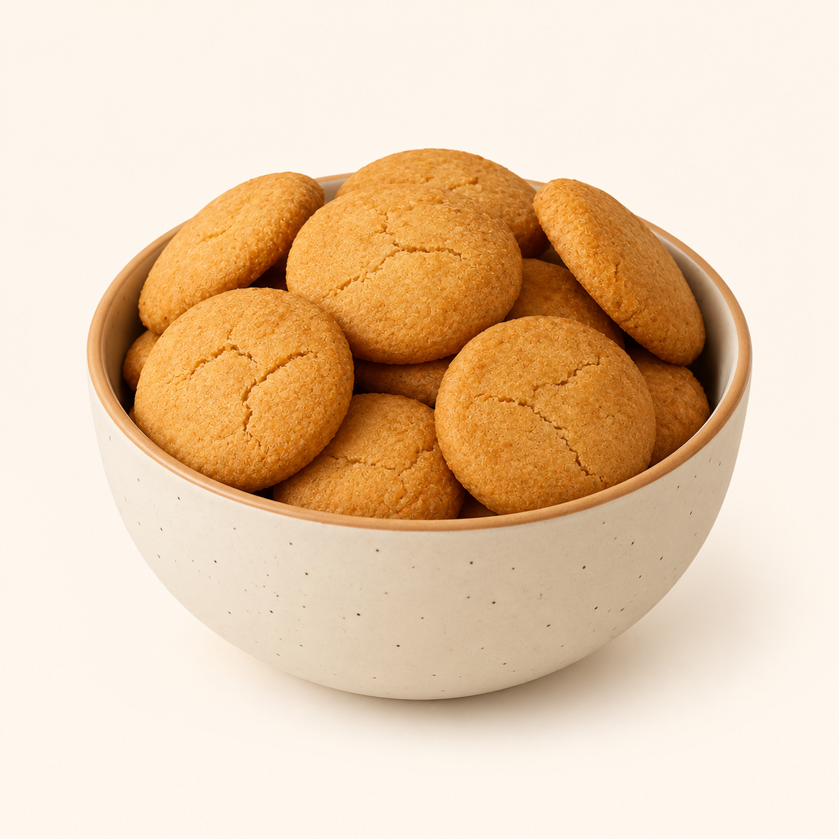 Falahari Cookies in an ivory bowl on an off-white background