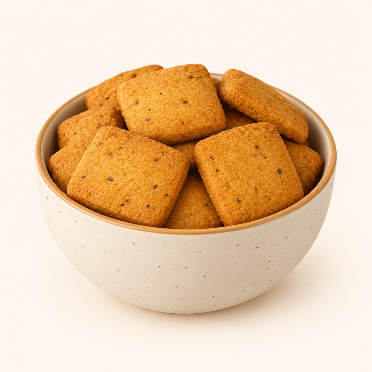 Five Grain Cookies in an ivory bowl on an off-white background
