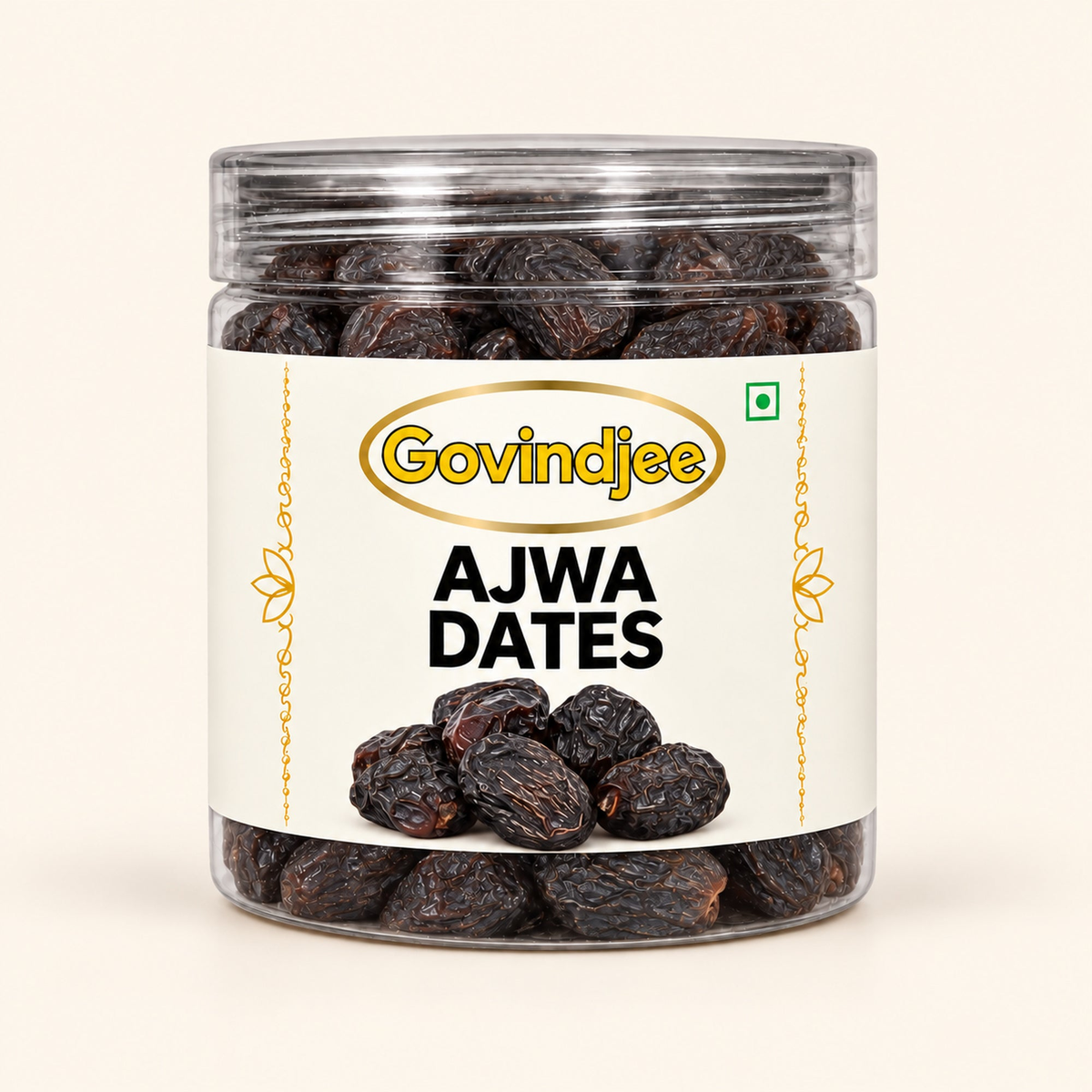 GovindJee Ajwa Dates can on an off-white background