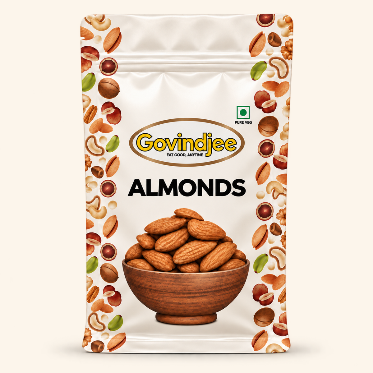 GovindJee Almonds in an off-white flat-bottom pouch, front view on cream background