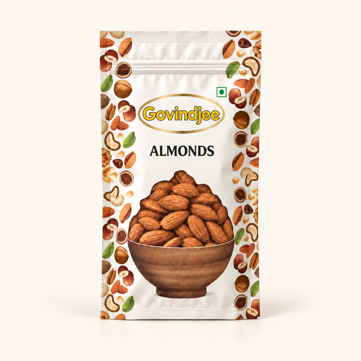 GovindJee Almonds packaging on off-white background