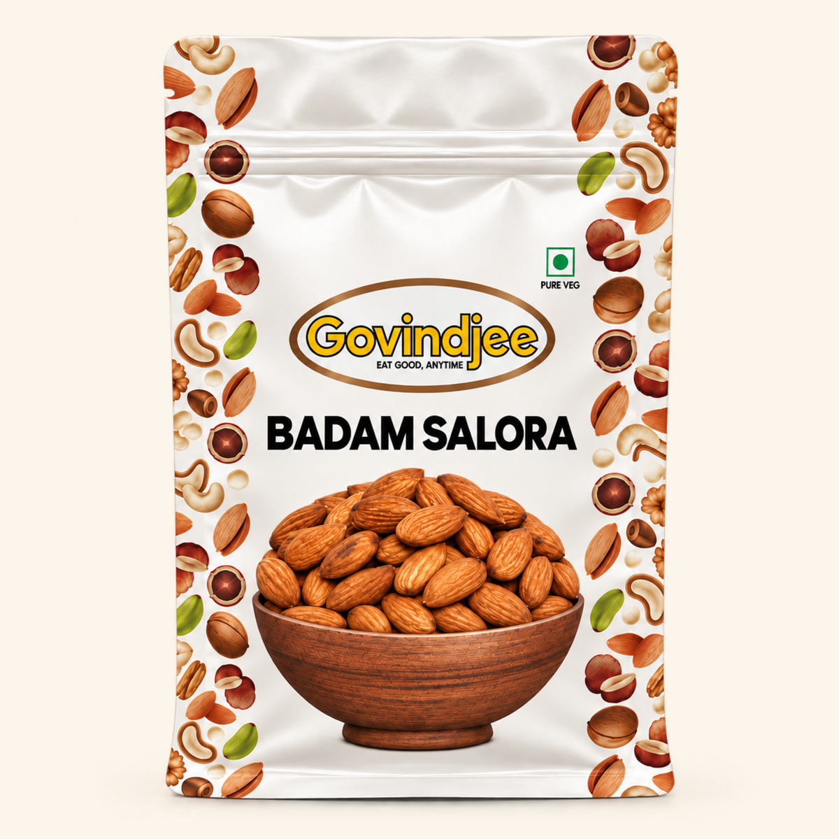 GovindJee Badam Salora in an off-white flat-bottom pouch, front view on cream background