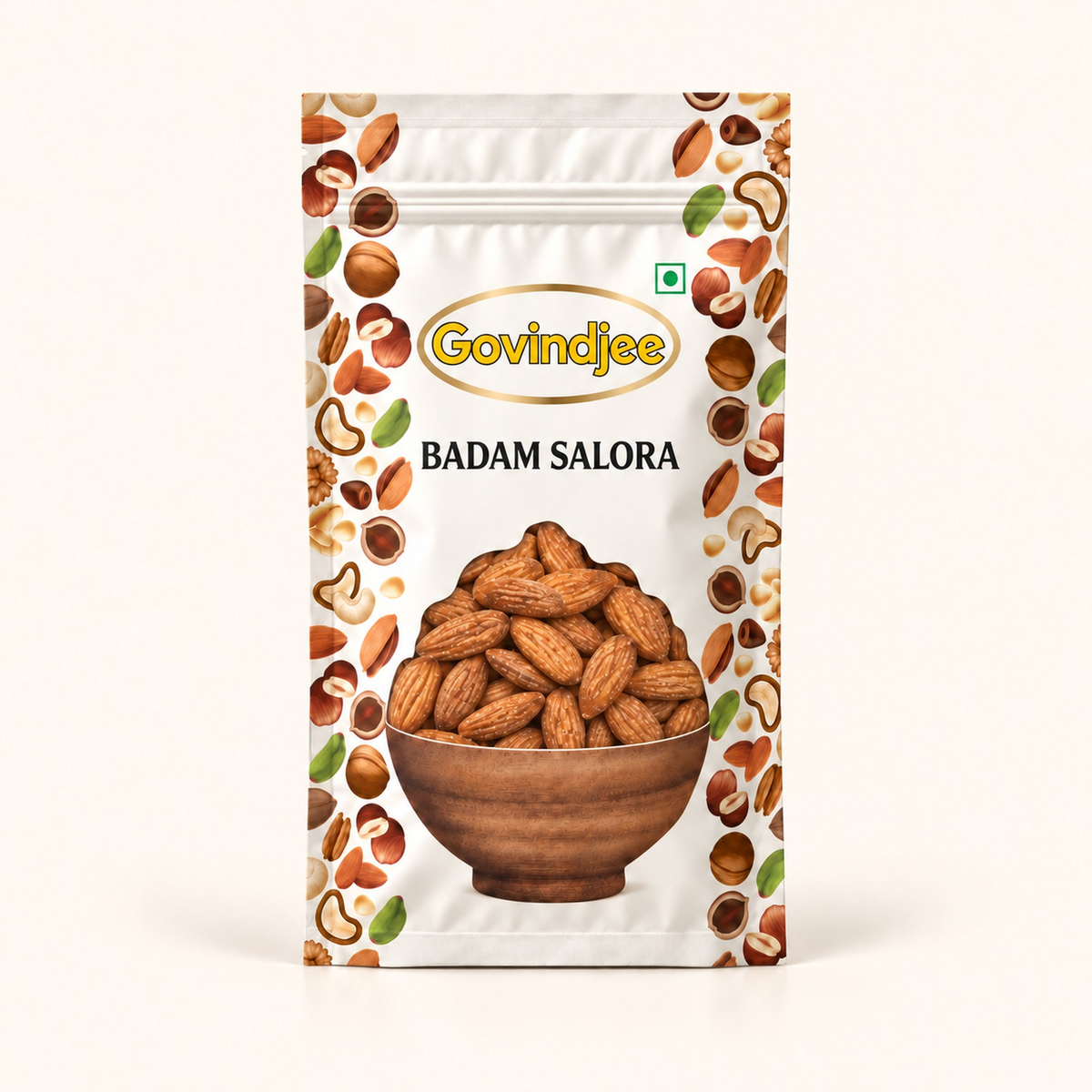 GovindJee Badam Salora packaging on off-white background