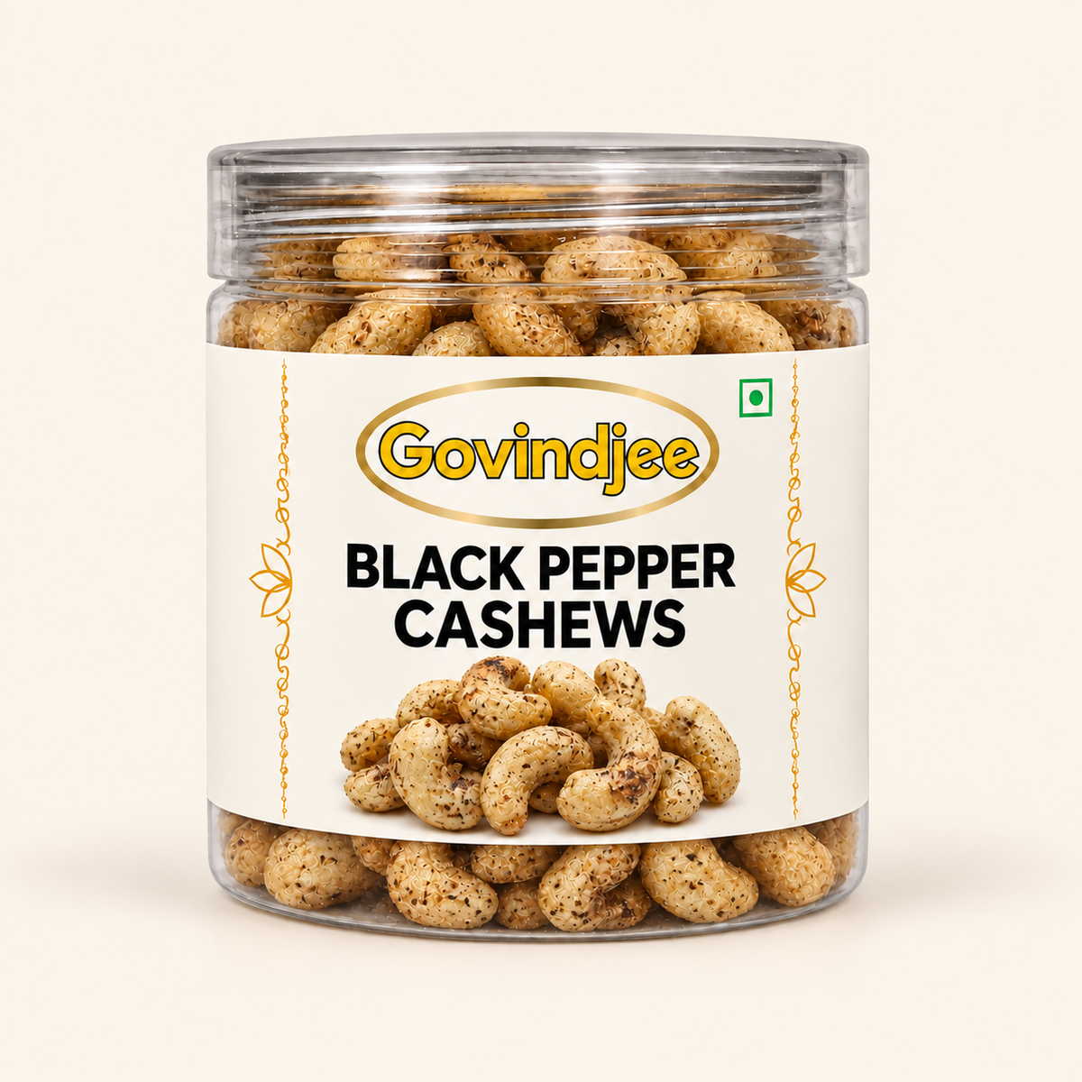 GovindJee Black Pepper Cashews can on an off-white background