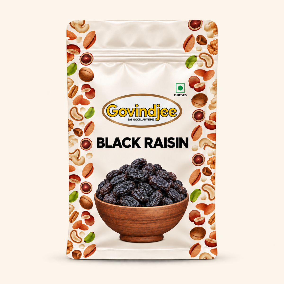 GovindJee Black Raisin in an off-white flat-bottom pouch, front view on cream background