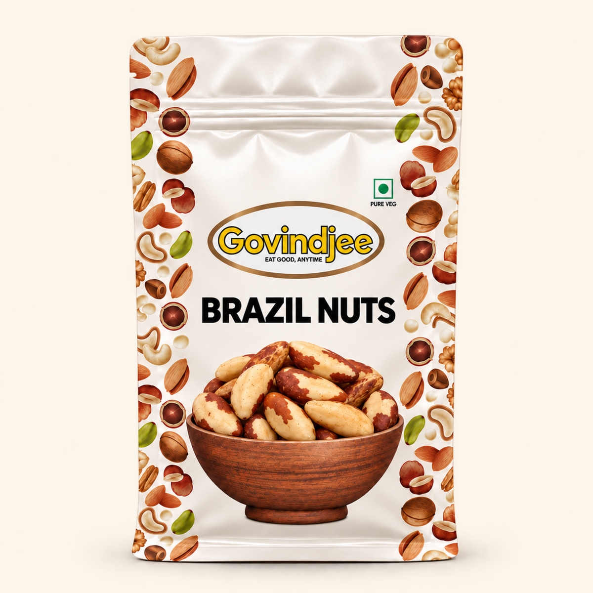 GovindJee Brazil Nuts in an off-white flat-bottom pouch, front view on cream background