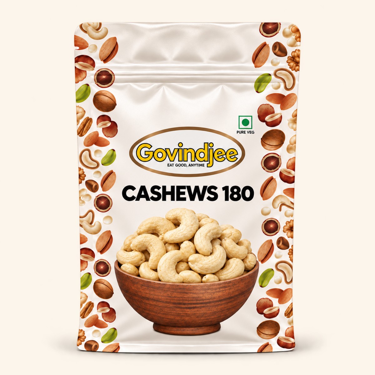 GovindJee Cashews 180 in an off-white flat-bottom pouch, front view on cream background