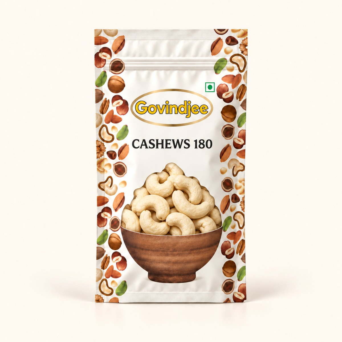 GovindJee Cashews 180 packaging on off-white background