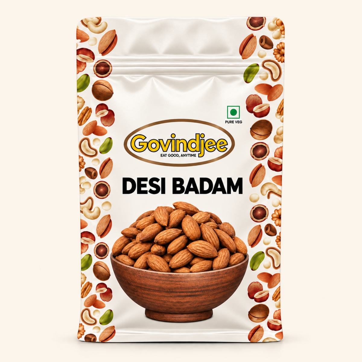GovindJee Desi Badam in an off-white flat-bottom pouch, front view on cream background