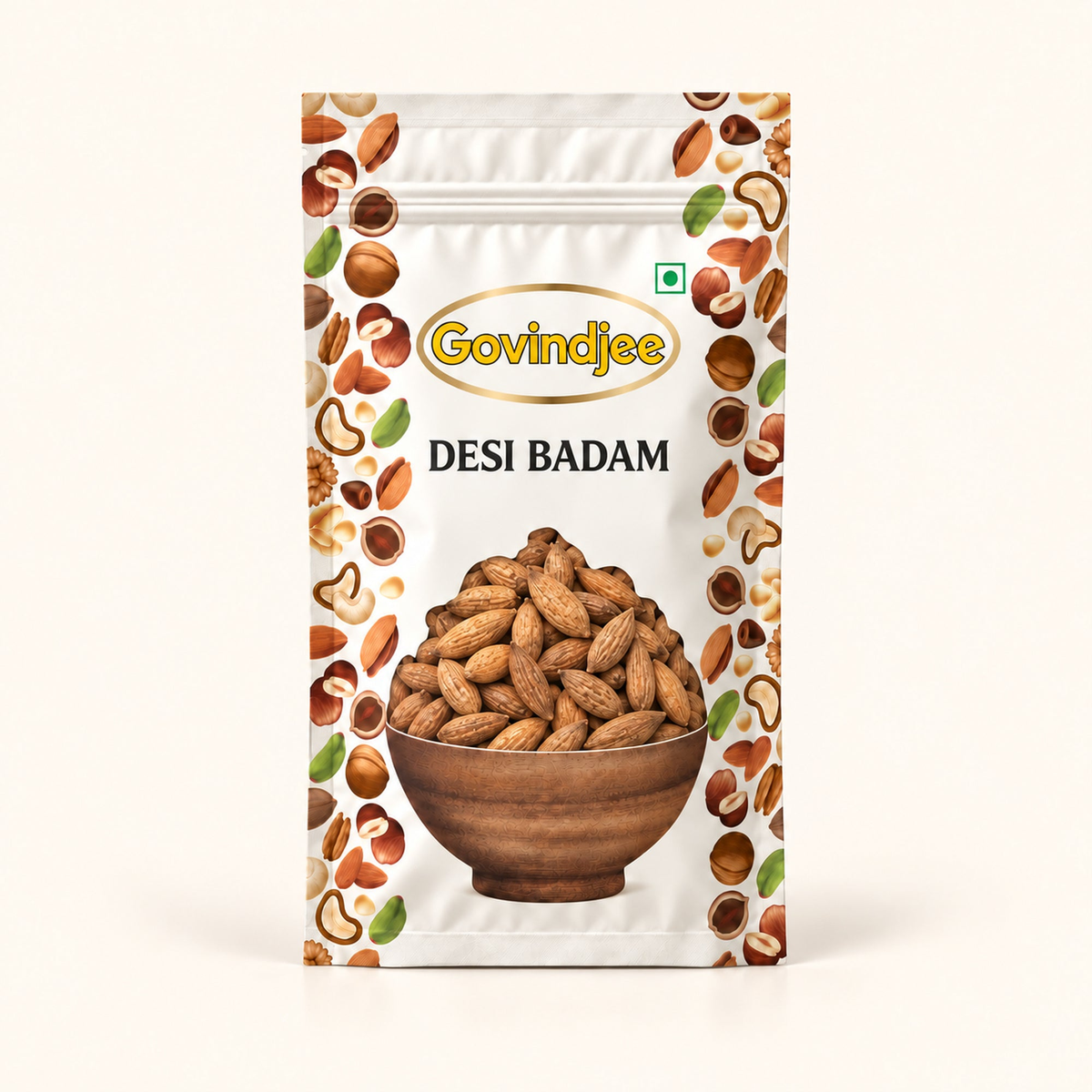 GovindJee Desi Badam packaging on off-white background