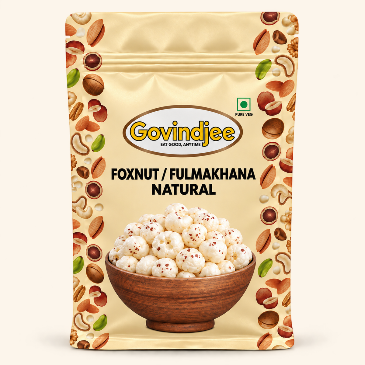GovindJee Foxnut / Fulmakhana Natural in a yellow flat-bottom pouch, front view on cream background