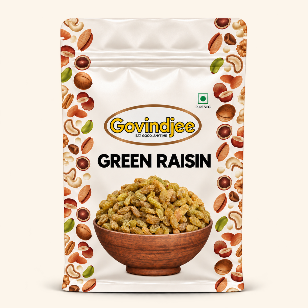 GovindJee Green Raisin in an off-white flat-bottom pouch, front view on cream background
