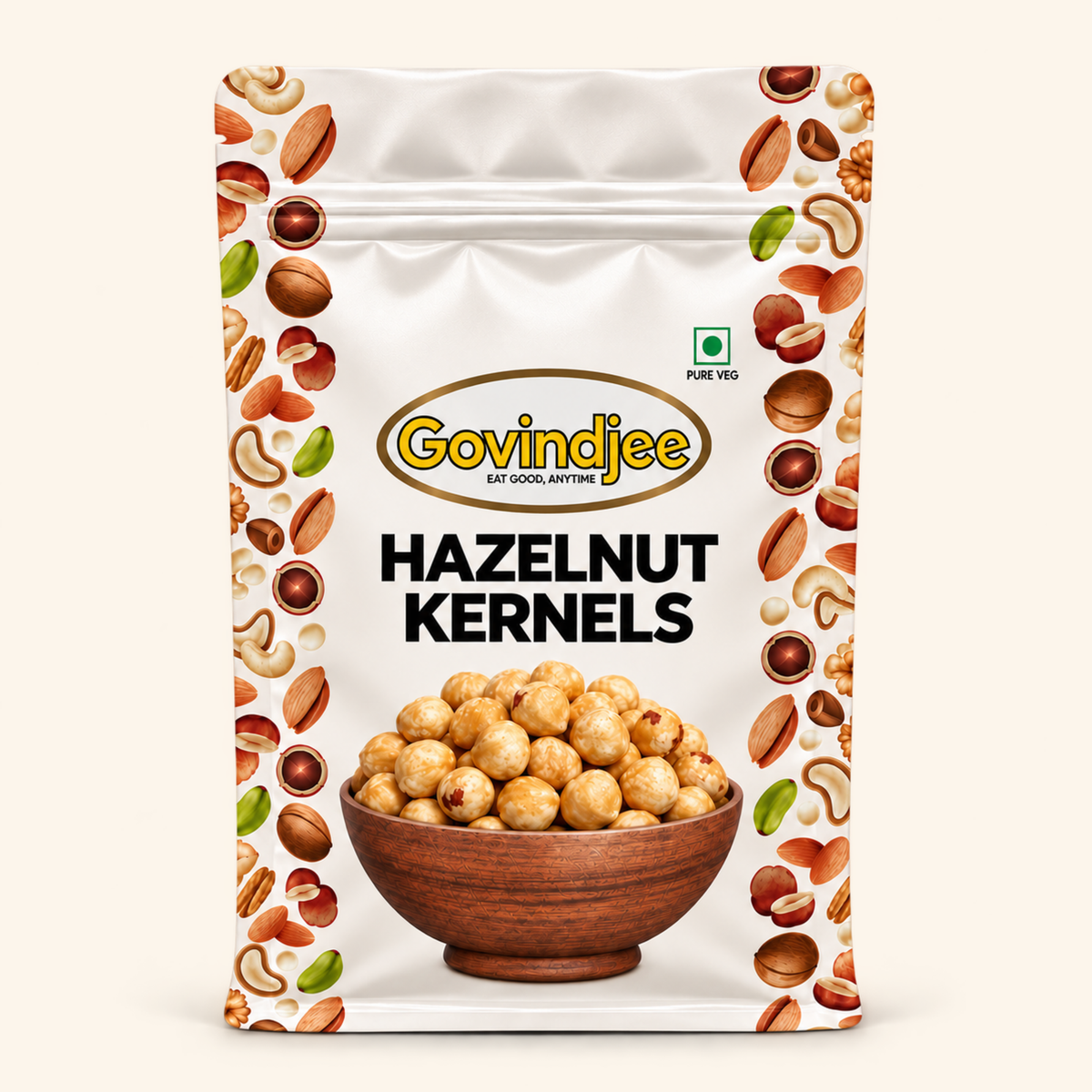 GovindJee Hazelnut Kernels in an off-white flat-bottom pouch, front view on cream background