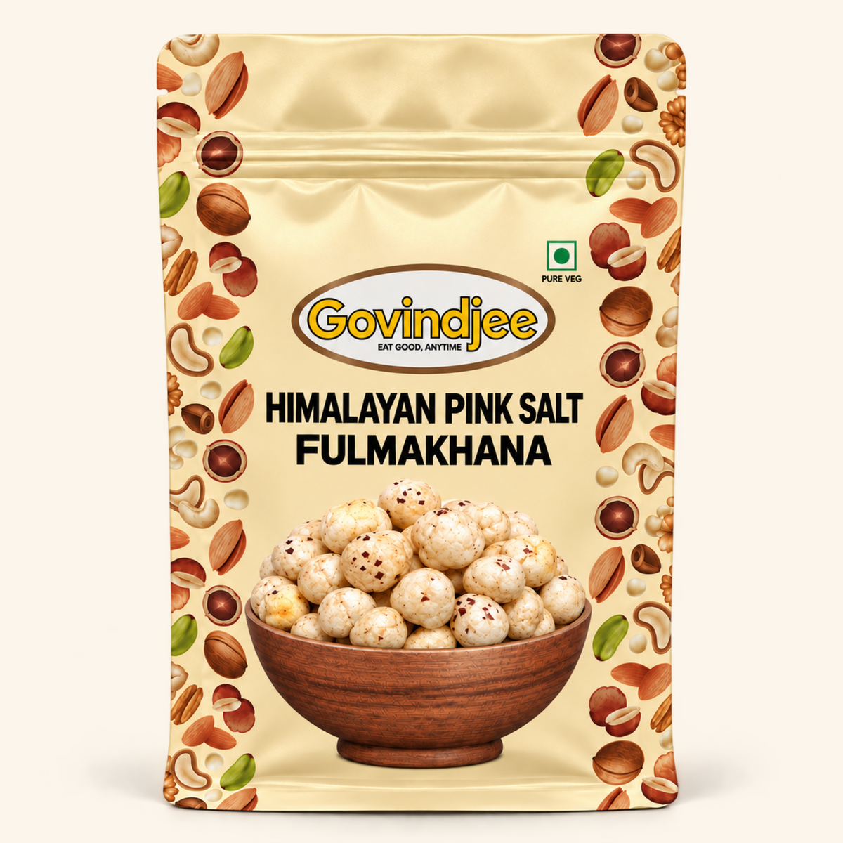 GovindJee Himalayan Pink Salt Fulmakhana in a yellow flat-bottom pouch, front view on cream background