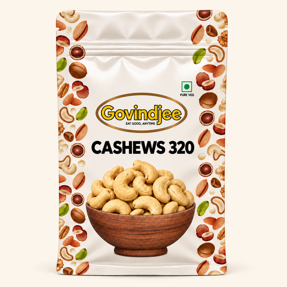 GovindJee Cashews 320 in an off-white flat-bottom pouch, front view on cream background