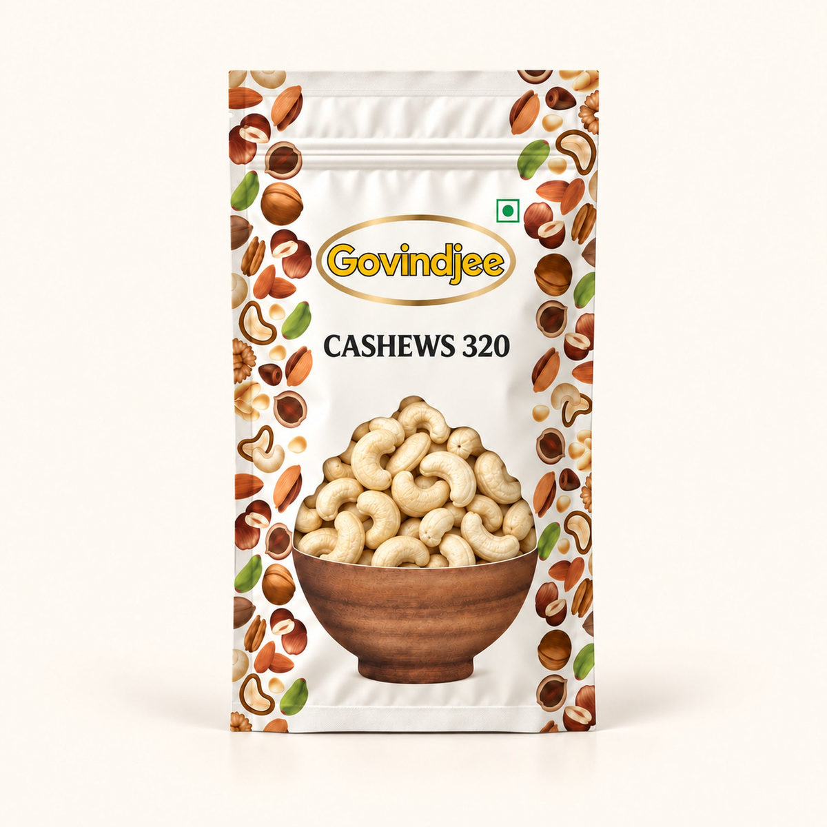 GovindJee Cashews 320 packaging on off-white background