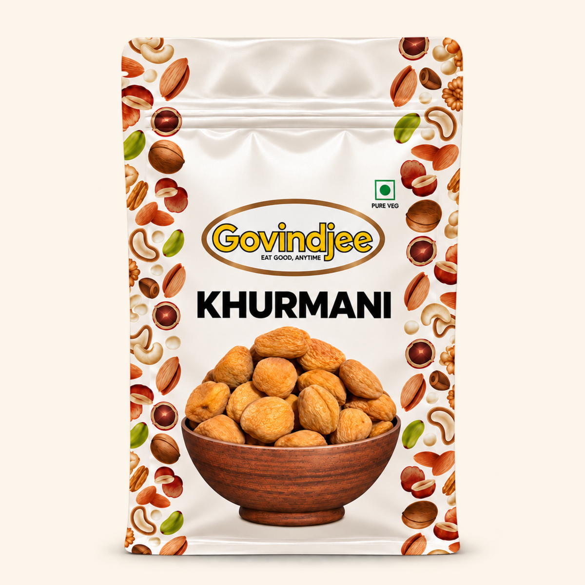 GovindJee Khurmani in an off-white flat-bottom pouch, front view on cream background