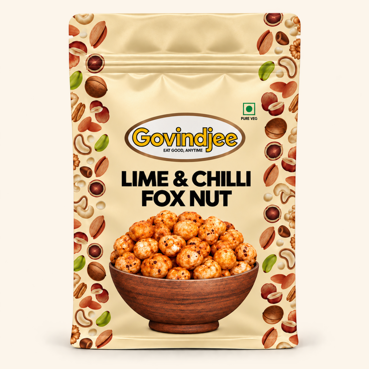 GovindJee Lime & Chilli Fox Nut in a yellow flat-bottom pouch, front view on cream background