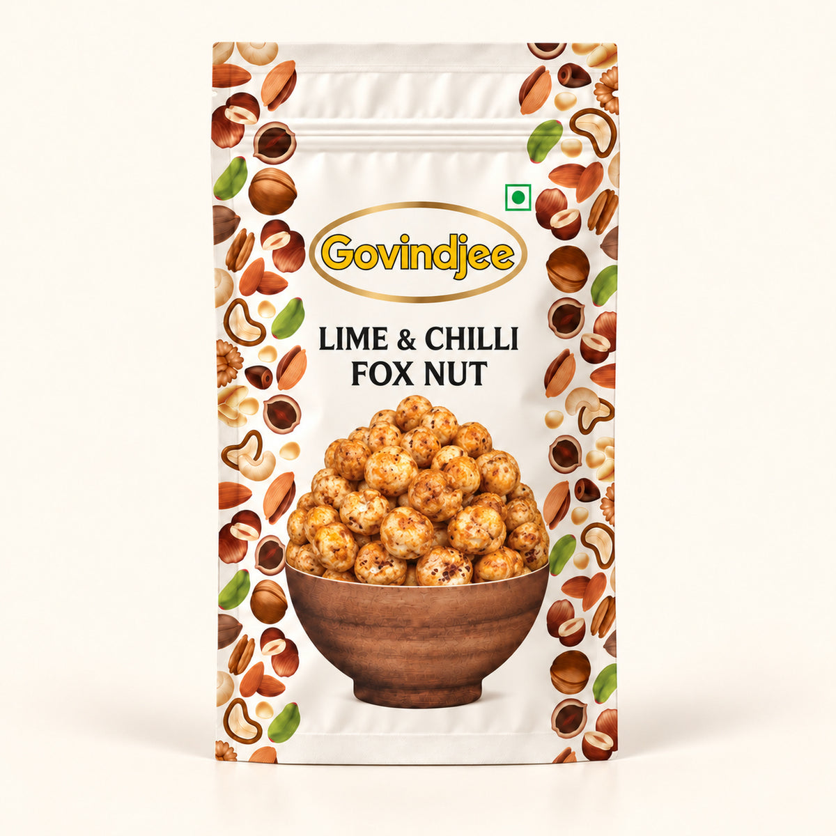 GovindJee Lime & Chilli Fox Nut packaging on off-white background