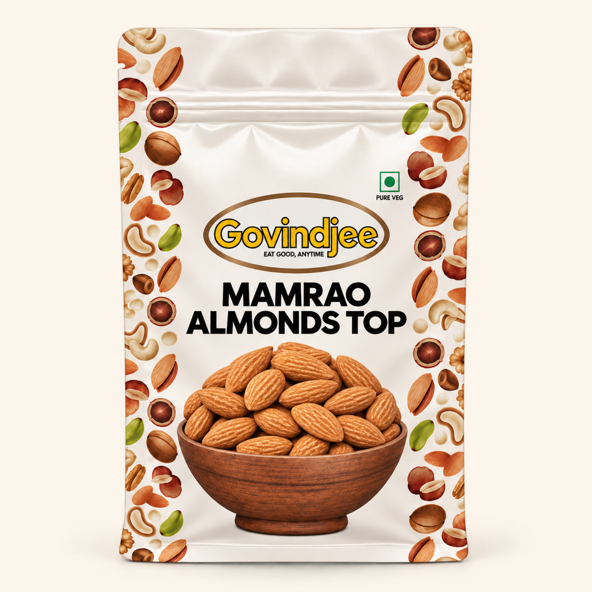 GovindJee Mamrao Almonds Top in an off-white flat-bottom pouch, front view on cream background