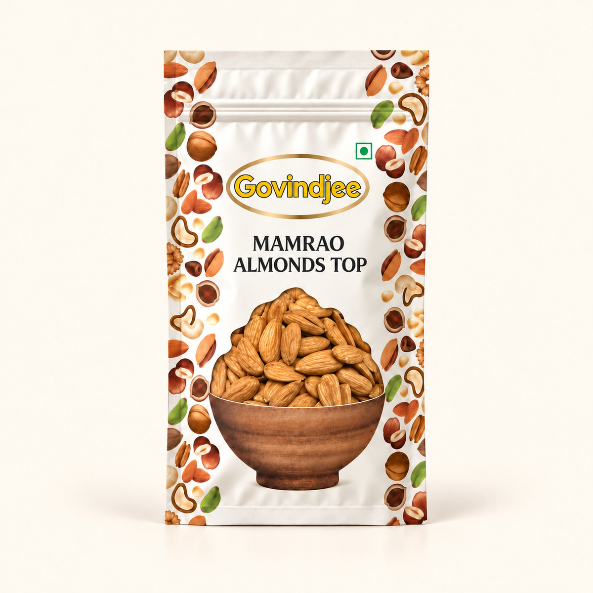 GovindJee Mamrao Almonds Top packaging on off-white background