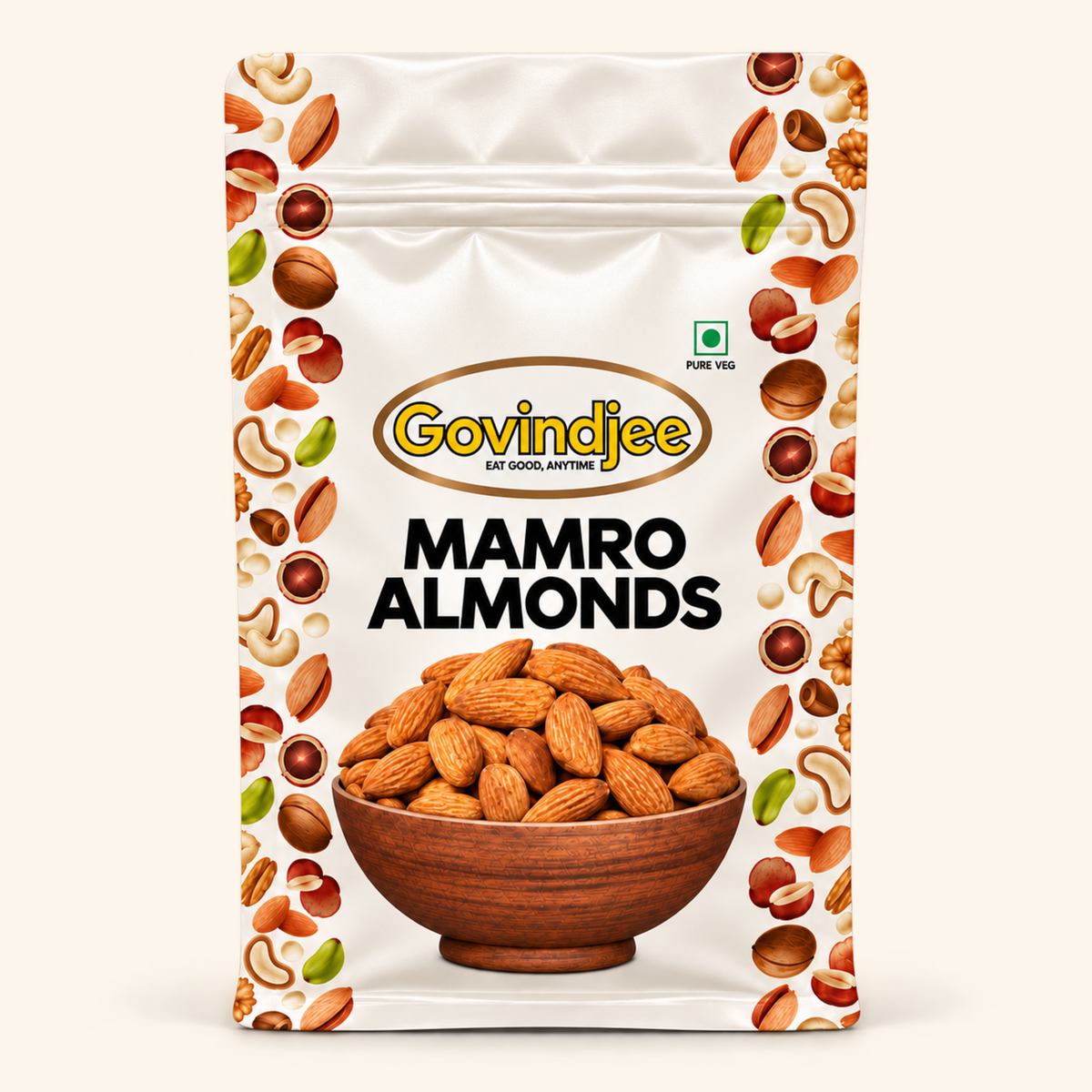 GovindJee Mamro Almonds in an off-white flat-bottom pouch, front view on cream background