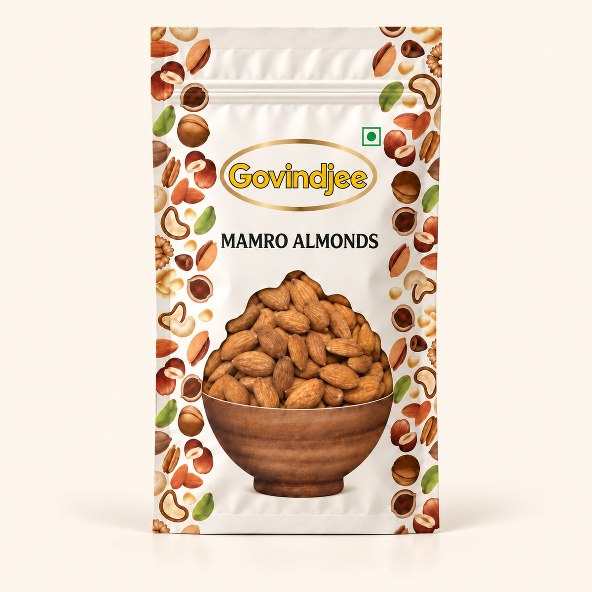 GovindJee Mamro Almonds packaging on off-white background