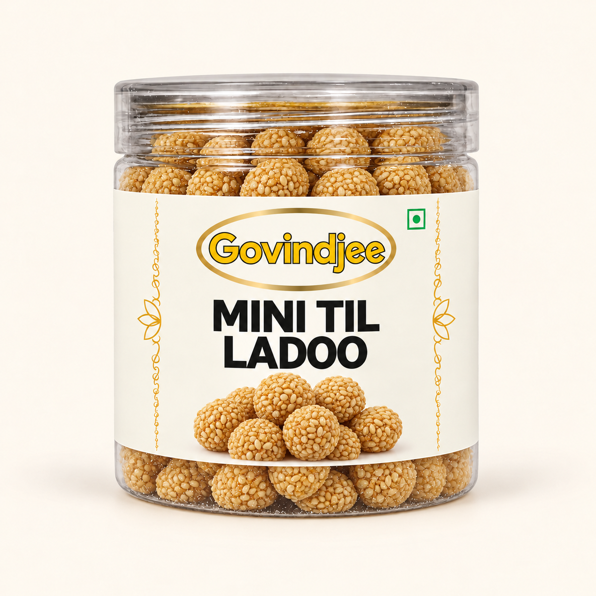 GovindJee Mini Til Ladoo in transparent can on cream background
