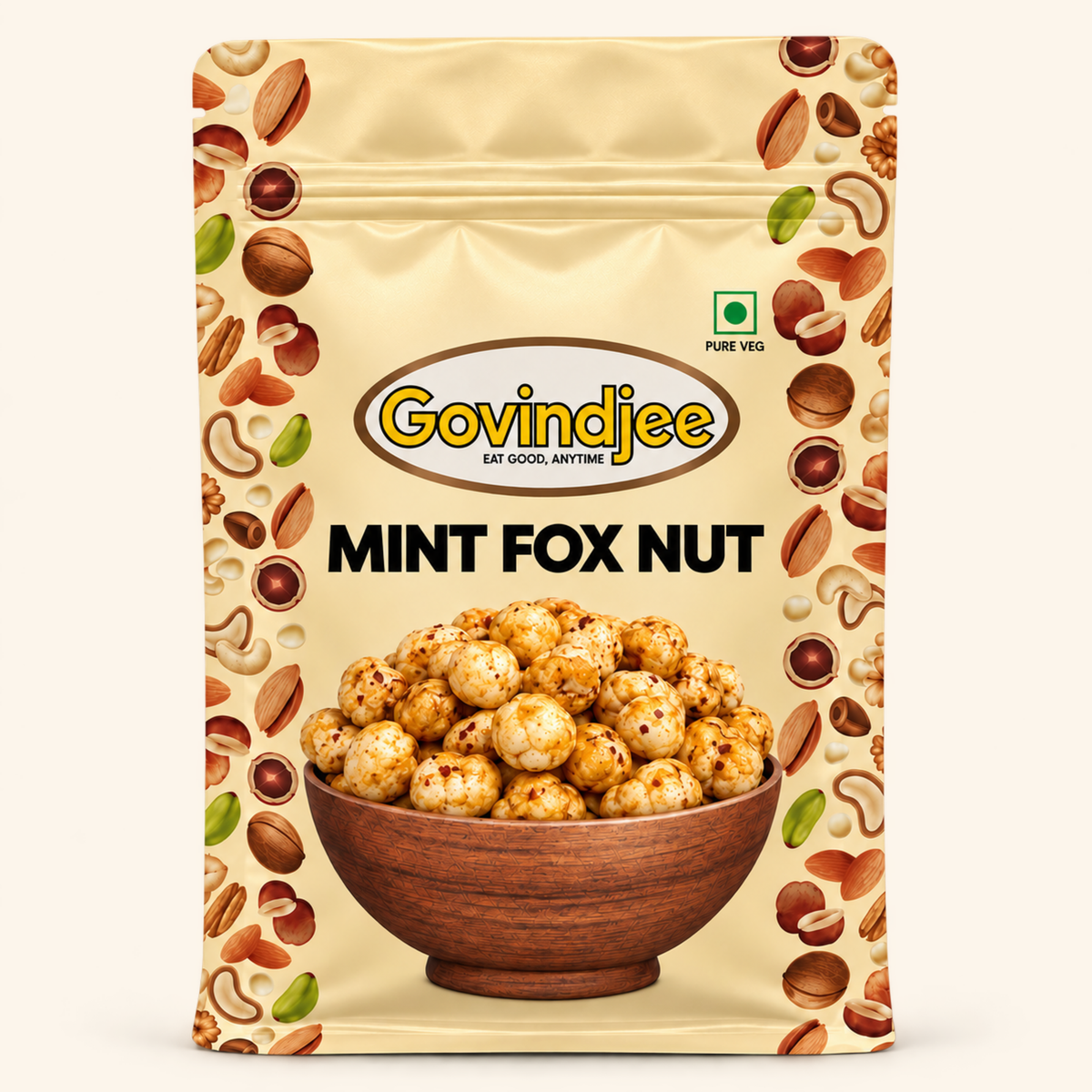 GovindJee Mint Fox Nut in a yellow flat-bottom pouch, front view on cream background
