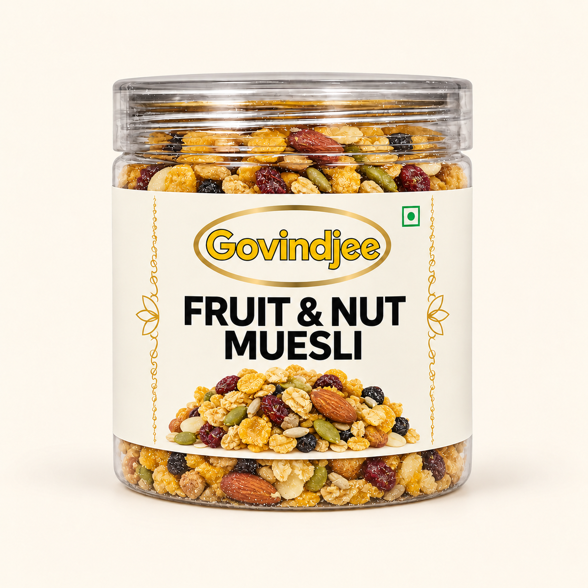 GovindJee Fruit & Nut Muesli in transparent can on cream background
