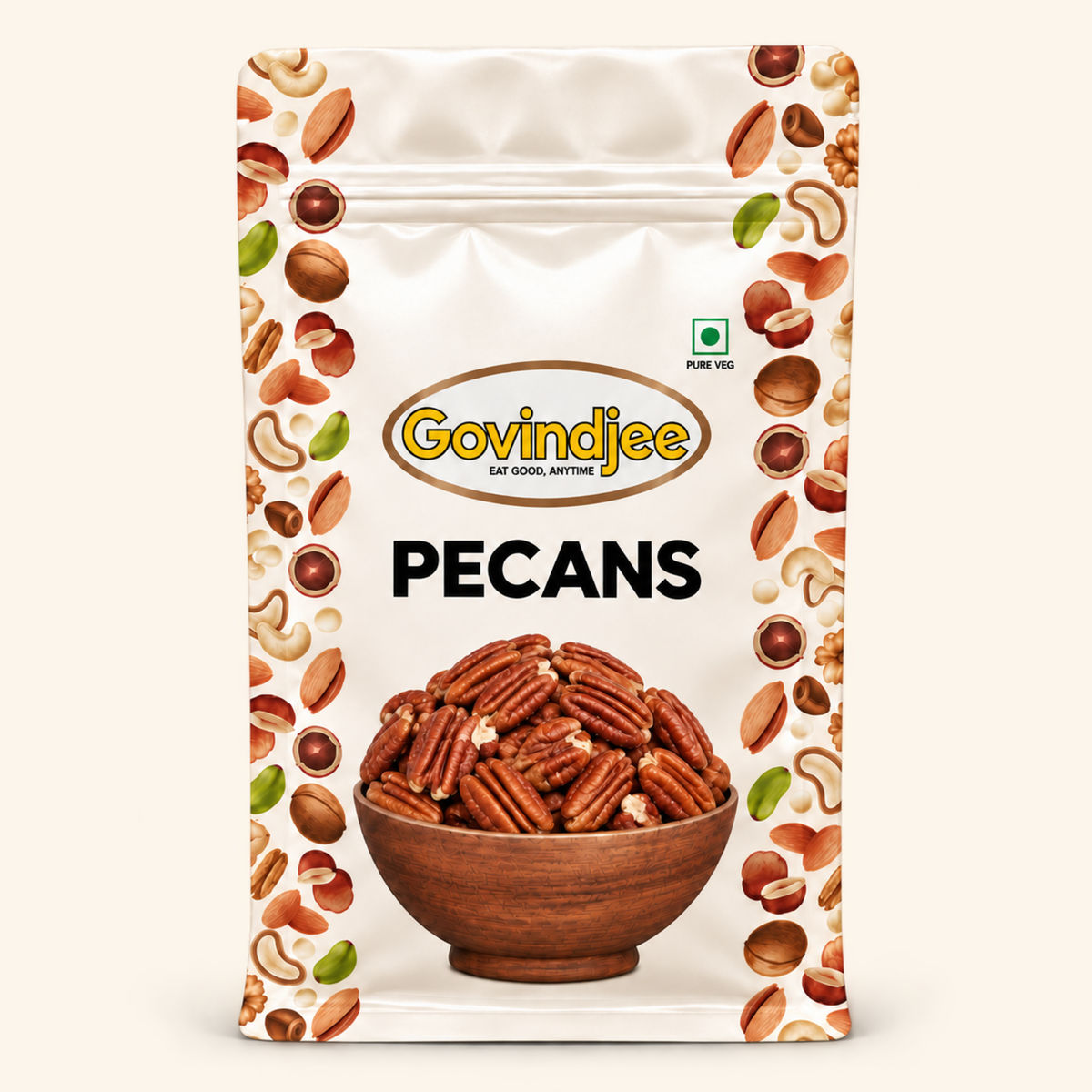 GovindJee Pecans in an off-white flat-bottom pouch, front view on cream background
