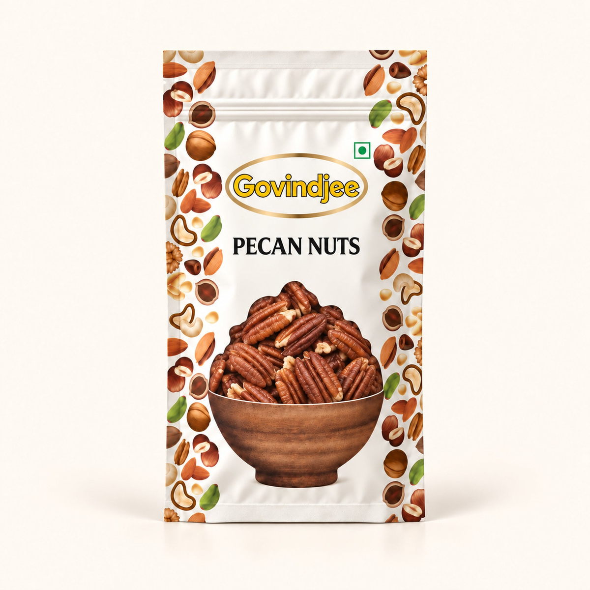 GovindJee Pecan Nuts packaging on off-white background