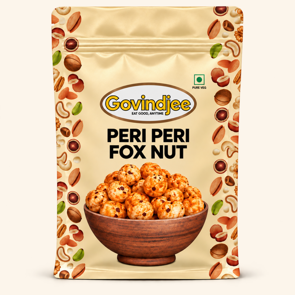 GovindJee Peri Peri Fox Nut in a yellow flat-bottom pouch, front view on cream background