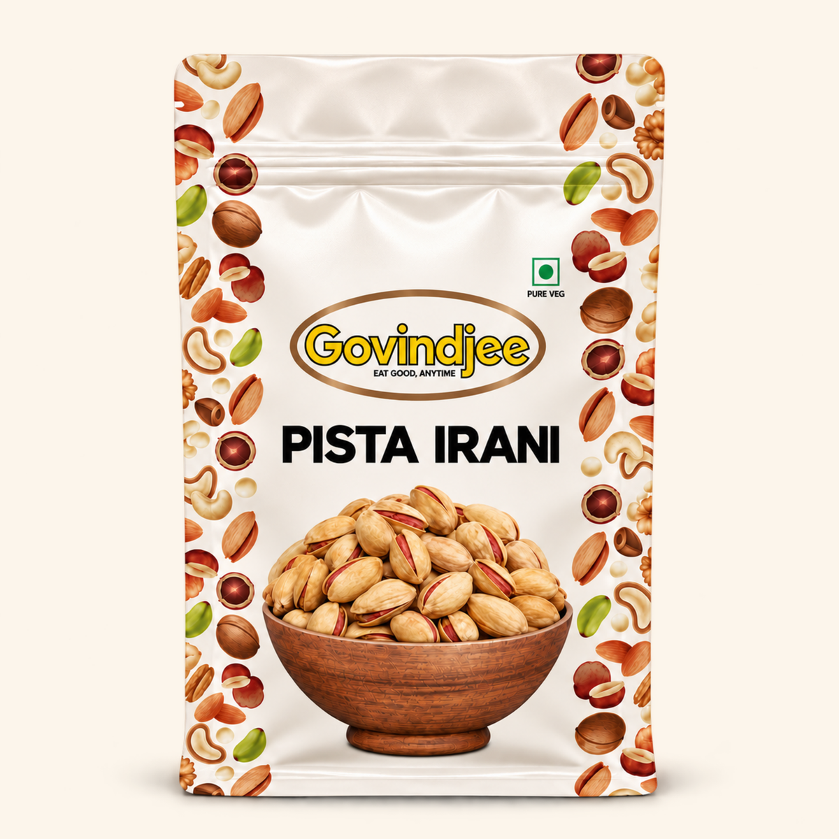 GovindJee Pista Irani in an off-white flat-bottom pouch, front view on cream background