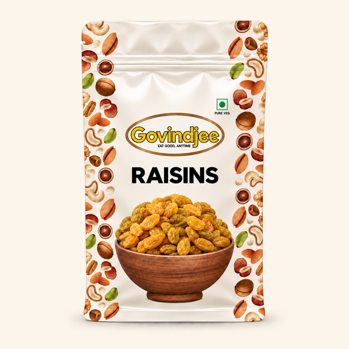 GovindJee Raisins in an off-white flat-bottom pouch, front view on cream background