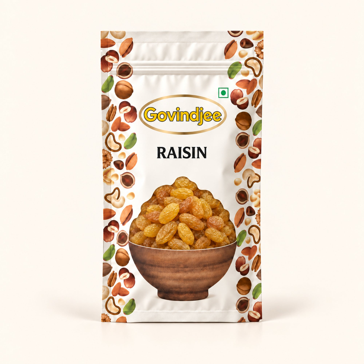 GovindJee Raisin packaging on off-white background